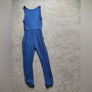 Blue romper. Light weight, cinches above waist for fitted look.